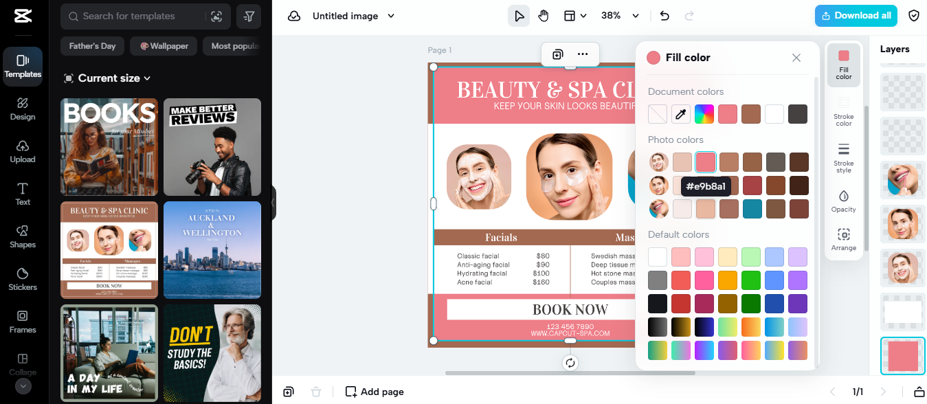 Pippit showing an email marketing design for a beauty and spa clinic promo with customizable colors.